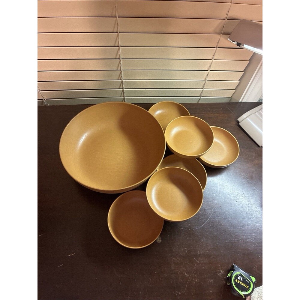 Lot of 7 Vintage Wood Bowls Ellingers Agatized Salad Set Made Sheboygan, WI